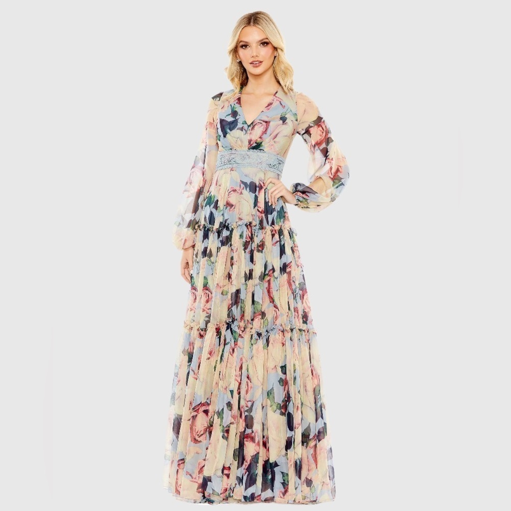 Mac Duggal Pastel Floral Maxi Dress with Lace Waist - Picture 2 of 7